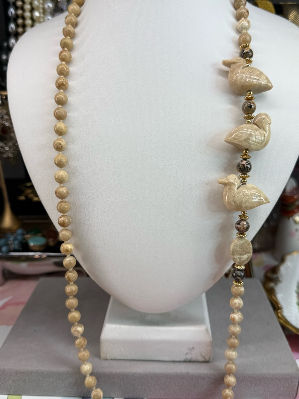 Vintage Beige Carved Bird Stone Bead Necklace -32”